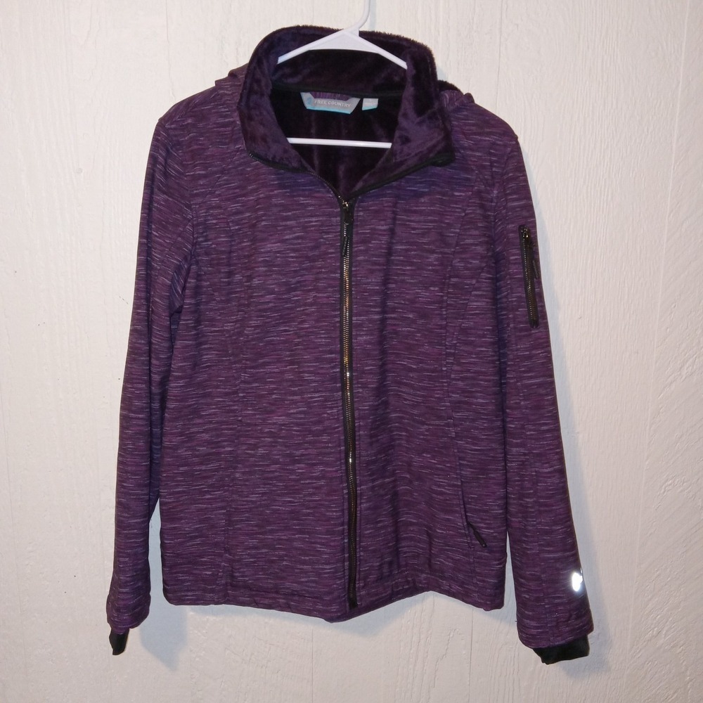 Free Country Softshell Jacket Women L Purple Space Dye Hooded Faux Fur Lining